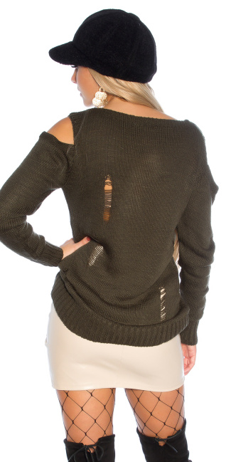 Trendy blote schouder trui gebruikte used look khaki